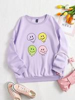 Sweatshirt for Women - Plus Cartoon Face Print Thermal Drop Shoulder Sweatshirt (Color : Lilac Purple, Size : X-Large)