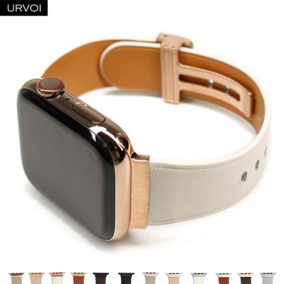 URVOI gelang jam tangan Apple tali kulit asli untuk iWatch D pin gesper logam lampu bintang mawar emas 8 7 6 SE54321