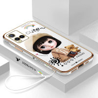 คลังสินค้าพร้อมเคสเคสมือถือสำหรับ Vivo Y21 2021 /Y21A/Y21S/Y21T/Y33T/Y33S พร้อมฟรีสายคล้อง + สาวน่ารักการ์ตูนชุบขอบสี่เหลี่ยมฝาหลังนิ่ม