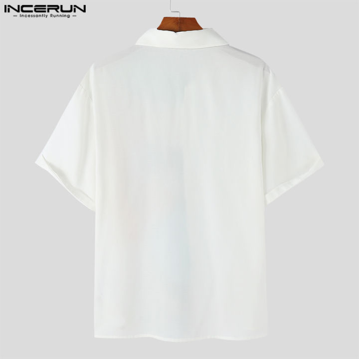 incerun-เสื้อผู้ชายแขนสั้นเสื้อพิมพ์ลายหน้าแนวแอบสแตรกติดกระดุมแฟชั่น-สไตล์เกาหลี