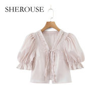 ร้อน, ร้อน★SHEROUSE Women Fashion Solid Ruffle Blouses Vintage Front Lace Up Female Chic Lady Tops Shirts Mujer