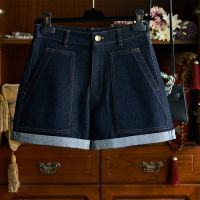 Spot parcel post Spot Temperament Open-Line Trousers Flanging High Waist Indigo A Word Denim Wide Leg Shorts