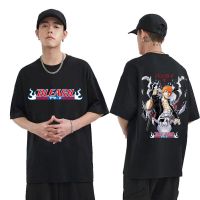 Vintage Anime Bleach Kurosaki Ichigo Double Sided Printed T Shirts Men Harajuku Vintage T-shirt Mens Loose Casual Tshirt