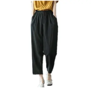 Women's Summer Linen Cotton Loose Elastic Waist Straight Trousers