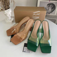 【ready stock】NewZARA-Spanish transparent PVC high heels womens shoes solid color crystal heel square toe with rear empty sandals women