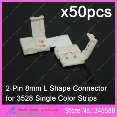 50 2Pin 2-Pin 8mm L-Shape 2-Way PCB Corner Connector solderless ADAPTER พร้อมคลิปสำหรับ3528แถบ LED สีเดียว