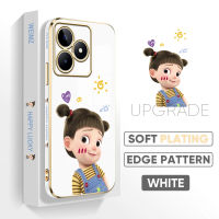 เคสโทรศัพท์เซลล์สำหรับ C53 Realme Realme Narzo N53ฟรีสายคล้อง + การ์ตูนน่ารักสาวมีความสุขลวดลายขอบสี่เหลี่ยมปลอกชุบหรูหราชุบเคสโทรศัพท์นิ่ม