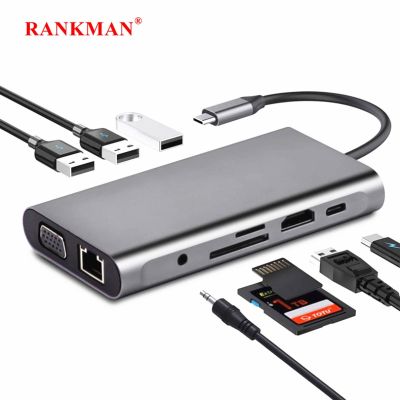 Rankman USB C ฮับเป็น Gigabit RJ45 Lan Type C 4K HDTV VGA การ์ดความจำการ์ดรีดเดอร์ USB USB แท่น3.0สำหรับ MacBook iPad Samsung S21 Dex TV PS5 Feona