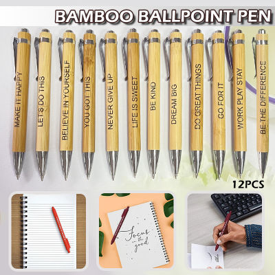 BOKALI ไม้ไผ่ปากกาที่ดันเก็บหัวได้1มม. 12ชิ้นปากกาไม้ไผ่ปากกาบอลพอยท์โรงเรียนสร้างแรงบันดาลใจ13.5*1ซม.