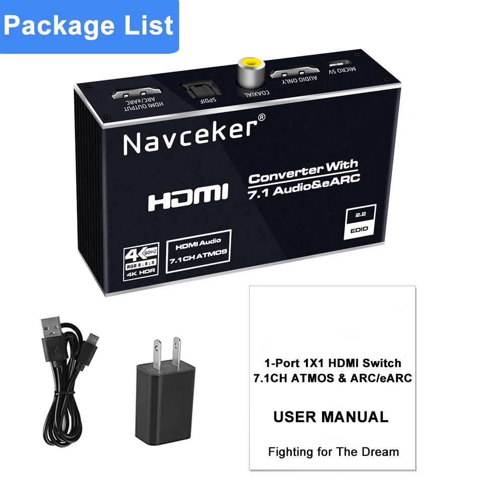 Navceker 2x1 HDMI 2.0 Switch 4K 60Hz HDMI Switch Support 3D,ARC & Optical  Toslink HDR