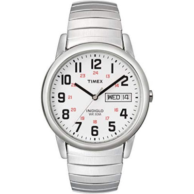 Timex Mens Easy Reader Day-Date Expansion Band Watch Silver-Tone/White