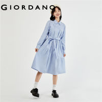 GIORDANO Women Dresses Tie Waist Diagonal Seams Cotton Shirt Dresses Long Sleeve Half-Button Fashion Casual Dresses 18463004