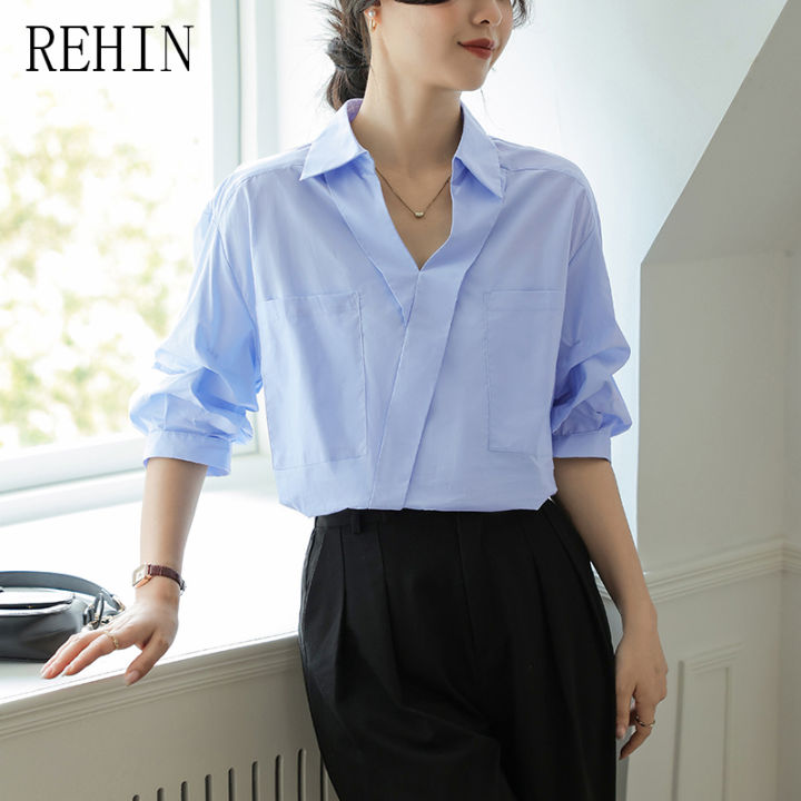 rehin-เสื้อเชิ้ตแขนสั้นสีขาวสำหรับผู้หญิง-เสื้อเชิ้ตแขนสั้นคอวีระดับไฮเอนด์