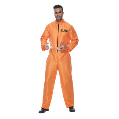ผู้ชายชุดนักโทษฮาโลวีนสีส้ม Jumpsuit ผู้ใหญ่ Jailbird หนีชุดนักโทษ