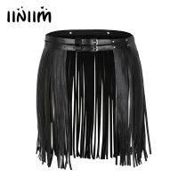 【CW】 Womens Adult Adjustable Faux Leather Waistband Fringe Tassel Skirt Nightclub Costume Parties Skirts for