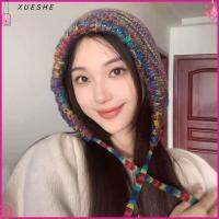 XUESHE เส้นใยอะคริลิค ถุงน่องหมวกแก็ป สีสันสดใส อบอุ่นและอบอุ่น หมวกถักนิตติ้ง น่ารักน่ารักๆ การป้องกันความเย็น หมวกสวมหัว สำหรับผู้หญิง