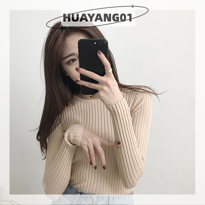 huayang01สเวตเตอร์ตาข่ายยืดหยุ่นผู้หญิง-สเวตเตอร์คอกลมแขนยาวยืดทรงหลวมสีพื้น2023ชิ้น