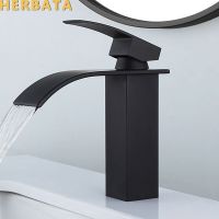 Black Plated Brass Waterfall Bathroom Basin Faucet Square Vanity Sink Mixer Hot &amp; Cold Lavotory Tap Single Handle YT-5023-H