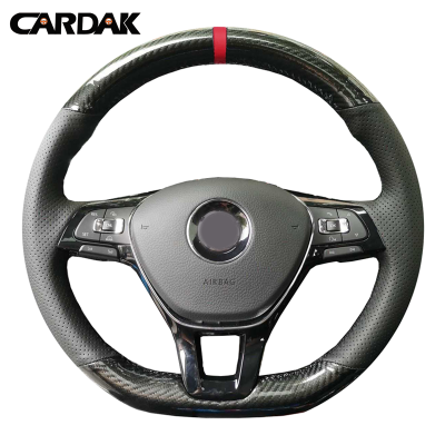 【2023】CARDAK Hand-stitched Black Carbon fiber Leather Suede Steering Wheel Cover for Volkswagen VW Golf 7 Mk7 New Polo Jetta Passat B8