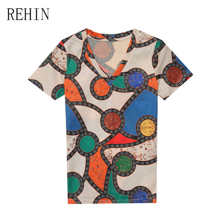 rehin-เสื้อยืดผู้หญิงคอวีแขนสั้นคอตตอน-เสื้อคอวีพิมพ์ลายไม่เหมือนใครแฟชั่นใหม่ฤดูร้อน