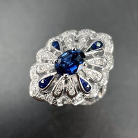 Sapphire Diamond Ring แหวนเพชรแซฟไฟร์ ไพลินแท้สีน้ำเงินธรรมชาติ ประดับเพชรแท้น้ำ96-97 ตัวเรือนเป็นทองขาว18k
