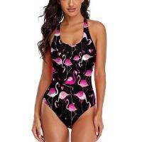 Cartoon Flamingo Swimsuit Heart Print Swimwear Push Up Bath Monokini y Cross Back Bodysuit Graphic Beach Outfits