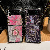 YIQIAN สำหรับ Samsung Galaxy Z Flip 4เคสระยิบระยับสำหรับผู้หญิง,ผีเสื้อดอกไม้สแควร์เคสที่มีห่วงขาตั้งแฟชั่นหรูหรา PU หนัง + Hard PC เคสโทรศัพท์สำหรับ Z Flip 4 2022