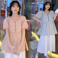 6698# Summer Korean Fashion Plaid Cotton Maternity Blouses Belly Skirts Suit Clothes for Women Pregnancy Shirt Tops Set