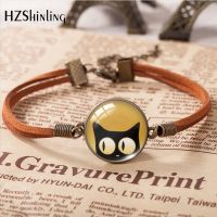 2023 New Cartoon Big Eyes Black Cat Pattern Leather Bracelet Art Accessories Glass Cabochon Fashion Jewelry Gift