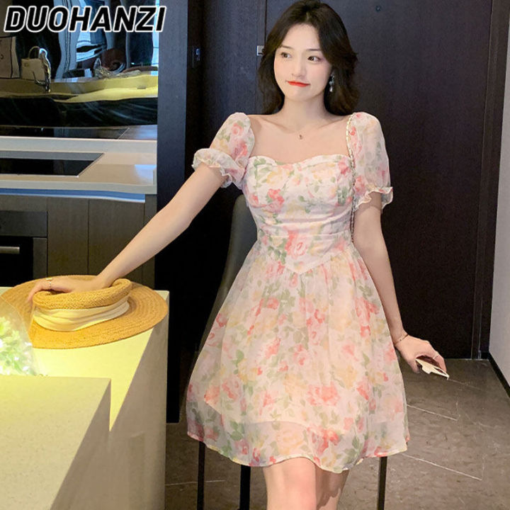 duohanzi-ชุดเดรสลายดอกไม้แขนพองของผู้หญิง-กระโปรงทรงเอไลน์หวานๆคอสี่เหลี่ยมเอวสูงลดความยาวแขนพองสไตล์เกาหลี