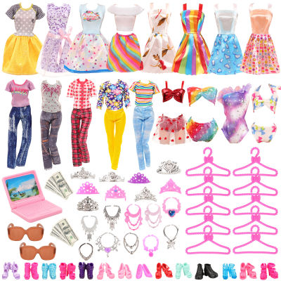 Doll Clothes Accessories for Barbie 49 items= 7 Dress +3 Coat Pants +2 Swimsuit +10 Shoes +10 Hangers + 17 Miniature Kids Toys