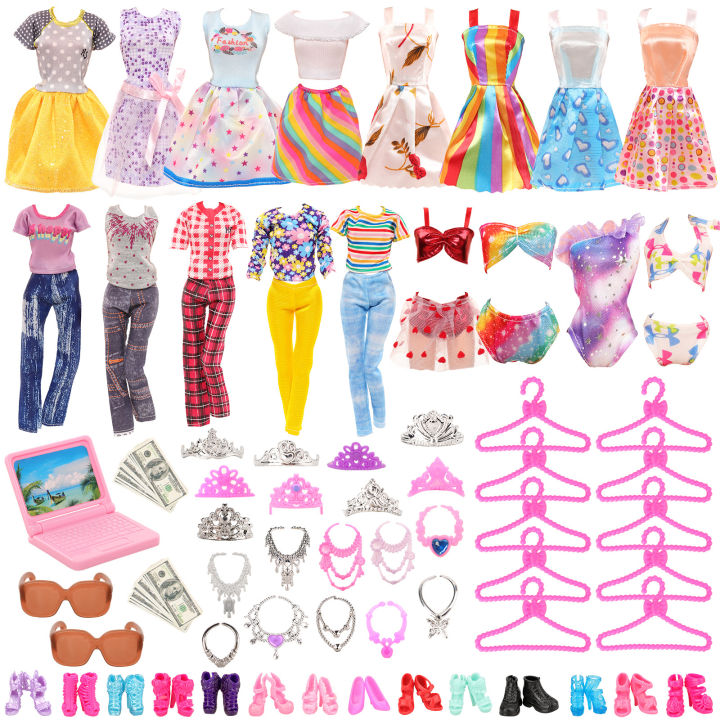 doll-clothes-accessories-for-barbie-49-items-7-dress-3-coat-pants-2-swimsuit-10-shoes-10-hangers-17-miniature-kids-toys