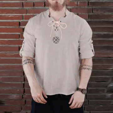 Men Lace Up V Neck Pirate Shirt Blouse Tops T-Shirt Long Sleeve Medieval