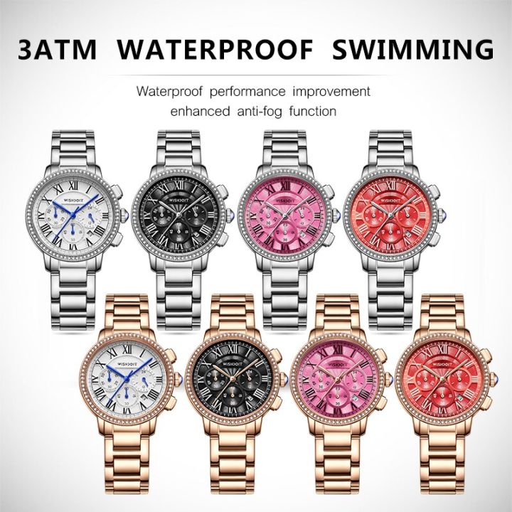wishdoit-เดิมนาฬิกาสำหรับผู้หญิงกันน้ำสแตนเลสแฟชั่นนาฬิกาหรูกันน้ำส่องสว่างควอตซ์นาฬิกาข้อมือ