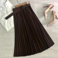 TIGENA Autumn Winter Women Pleated Skirt 2021 New Casual Solid All-match A Line High Waist Midi Long Skirt Female with Belt