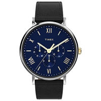 Timex Mens Southview Multifunction 41mm Watch – Silver-Tone Case Blue Dial with Black Genuine Leather Strap