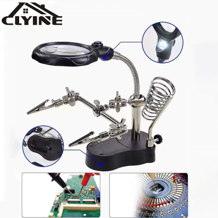 บัดกรีเหล็กสถานียืนเชื่อมแว่นขยาย-climp-clamp-ไฟ-led-สก์ท็อปแว่นขยายมือที่สามบัดกรีเครื่องมือซ่อมแซม