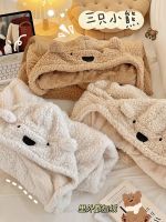 【Ready】? Autumn and winter thick warm blanket bear fluff shawl with hood fleece blanket nap blanket cloak hooded cloak female