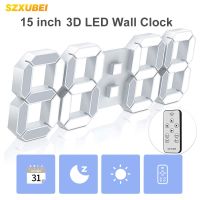 SZXUBEI 3D LED Digital Wall Clock Large Alarm Clock Remote Control Snooze Auto Dimming 12/24H Time Date Temp Loop Display 15inch