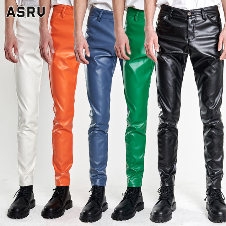 asrv-กางเกงขายาว-ชาย-กางเกงสแล็คชาย-กางเกงสแล็คผู้ชาย-กางเกงผู้ชาย-กางเกงขายาวผู้ชาย-กางเกงหนังบางยืดหยุ่นของผู้ชายบาร์สุดฮิตเพรียวบางกางเกงหนังกางเกงหนังระบายอากาศได้สีดำและสีขาวสีน้ำเงินสีส้มสีเขียว