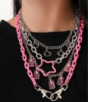 【Preflow ornament】2000S เครื่องประดับ Y2k Layered StarPendant Clavice Chainfor WomenPink BearsAesthetic Accessorios