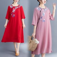 Robe Vintage Femme Fashion 2019 Summer Dresses Embroidery Midi Dress Loose Cheongsam Qipao Women Elegant Chinese Dresses TA1572