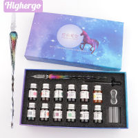 Highergo 16ชิ้นกล่องสายรุ้งปากกาแก้วชุด G Litter กรมทรัพย์สินทางปัญญาปากกา12สีหมึกการประดิษฐ์ตัวอักษรชุดสำหรับการเขียนศิลปะการวาดภาพลายเซ็นของขวัญ