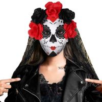Mexico Halloween Day Of The Dead Mask Flower Skeleton Black Lace Headdress Festival Party Cosplay Horror Prop Masquerade Dress