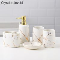 ✉ Milky Ceramic Toiletries Bathroom Accessories Set Marble Porcelain Toothbrush Holde Soap Dispenser Bathroom Tray Home Decoration