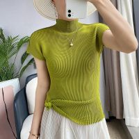 2023 Hot High-grade avocado green Miyake pleated short-sleeved stand-up collar top for women skin-friendly high-elastic large size slimming chiffon shirt