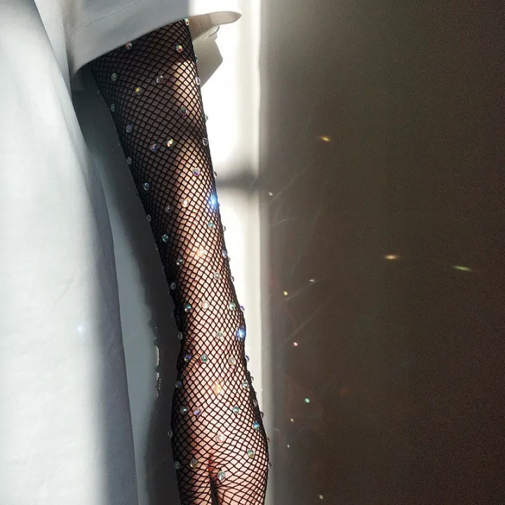 Luxurious Stretch Rhinestones Gloves Women Sparkly Crystal Mesh Long