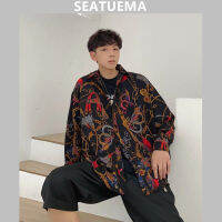 SEATUEMA ฤดูใบไม้ร่วงแฟชั่นเด็กผู้ชายหลวมสไตล์อ่อนแออเนกประสงค์เสื้อเชิตเวอร์ชั่นเกาหลีหล่อเทรนด์เสื้อเชิ๊ตลายดอกไม้เสื้อคลุมบางๆ