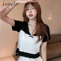 Luxqlo เสื้อยืดเสื้อถักนิตติ้งแขนสั้นผู้หญิงสำหรับฤดูร้อนเสื้อยืดคอวีเสื้อครอป MODE Korea 2023เสื้อยืดลำลอง