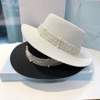 Summer Women Elegant Retro Hepburn Style Flat Top Straw Hat Fashion Pearl Sun Hats Breathable Anti-UV Holiday Beach Hat 2023 New